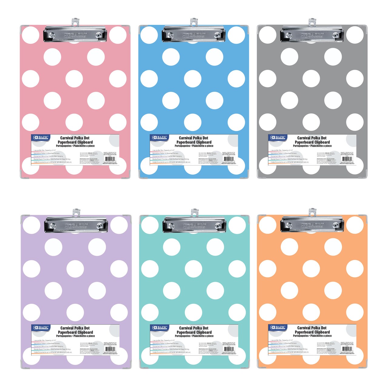 BAZIC Paperboard Clipboard Standard Size Carnival Polka Dot w/ Low Profile Clip